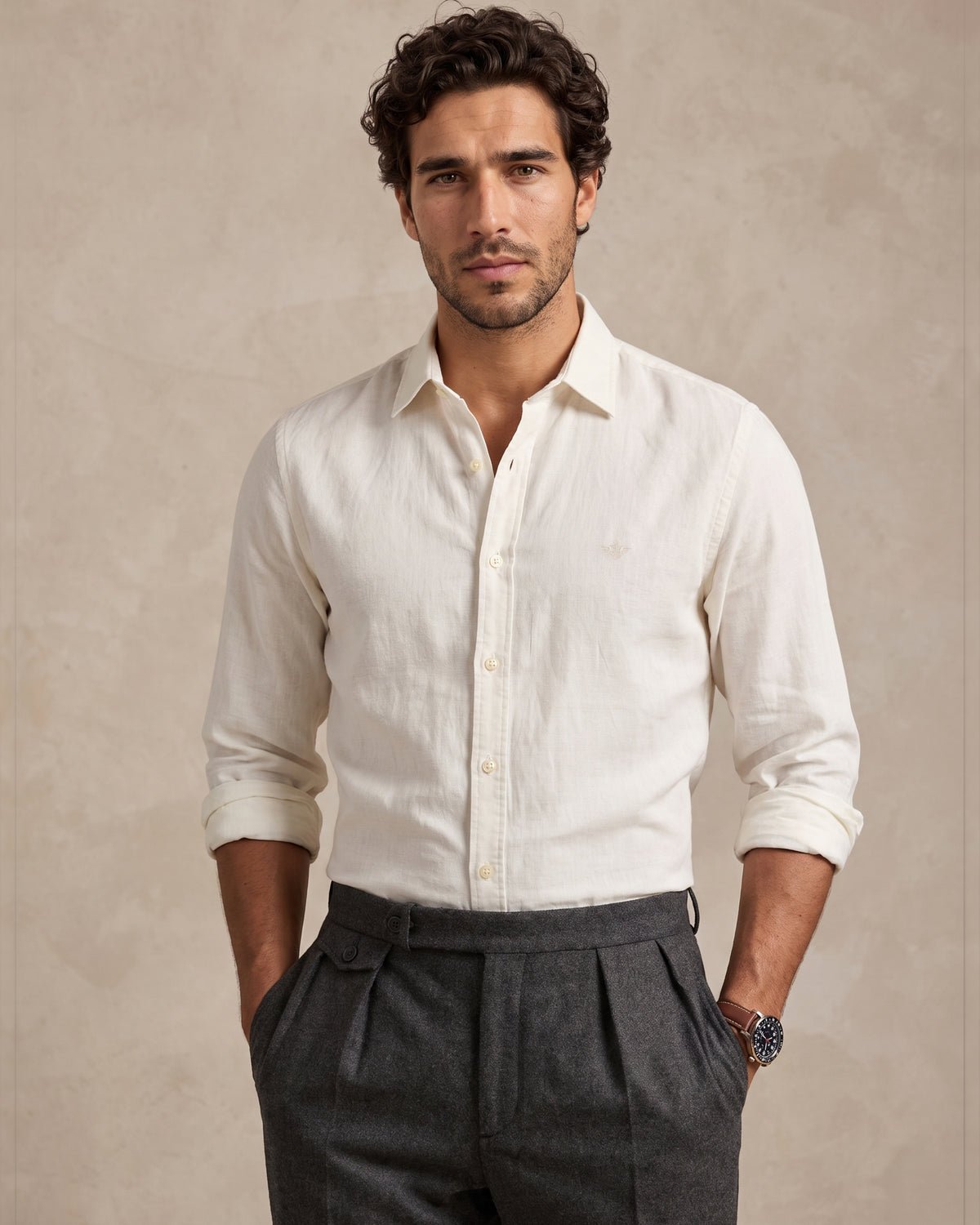 Dockers men's white slub linen-blend shirt front portrait