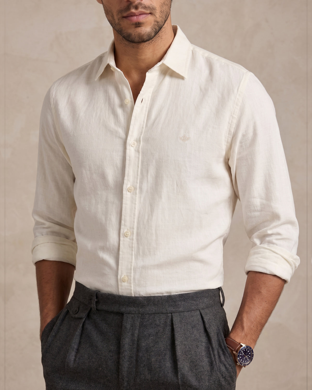 Dockers men's white slub linen-blend shirt close-up