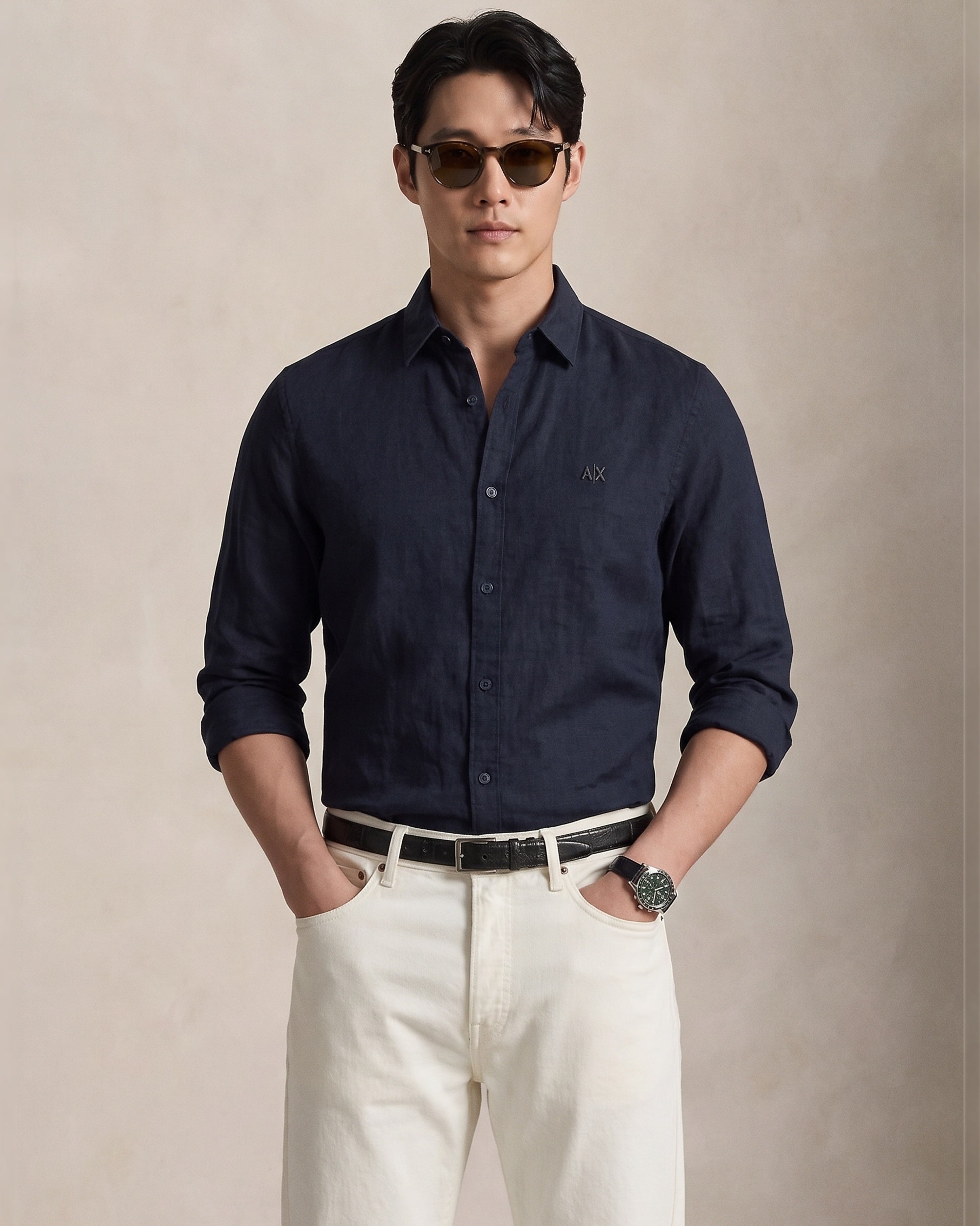 Armani Exchange men's navy textured shirt front view